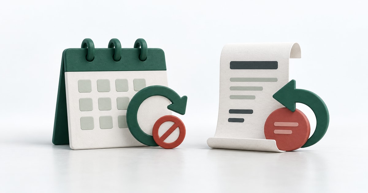 A calendar with a stopped renewal arrow beside a receipt with a returning payment arrow, illustrating subscription cancellation and refunds.